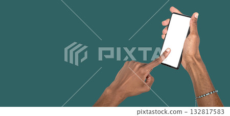 Smartphone with blank screen held in hand, concept for advertising banner, mobile app promo or 132817583
