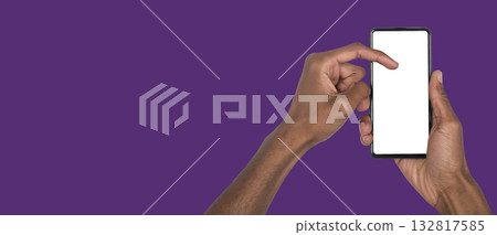 Smartphone with blank screen held in hand, concept for advertising banner, mobile app promo or Smartphone with blank screen held in hand, concept for advertising banner, mobile app promo or 132817585