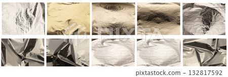 Texture background with silver foil. Crumpled metallic surface with bright shine, glossy reflection, 132817592