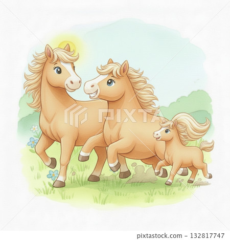 A cute watercolor illustration of a family horse walking through a green field, showing the warm and gentle bond between parent and child. 132817747
