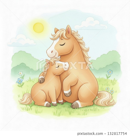 一幅可愛的水彩插畫，描繪了一匹馬在綠色的田野中漫步，展現了父母與孩子之間溫暖而溫柔的感情。 132817754