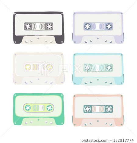 Audio cassette tapes collection, cartoon cute flat design Audio cassette tapes collection, cartoon cute flat design 132817774
