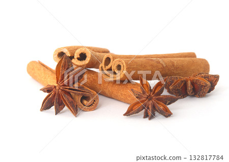spices as cinnamon stick and anise star isolated on white background 132817784