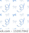Seamless pattern with blue ribbons, white bows, handdrawn in watercolor. Decorative element in pastel tones for festive designs, greeting cards 132817842