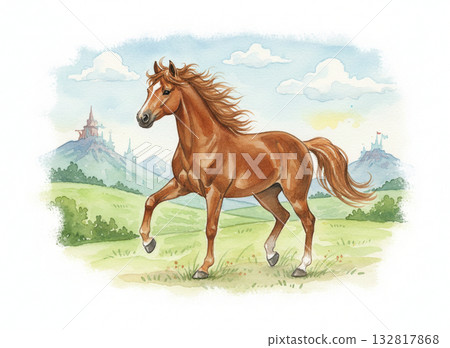 一幅雄偉美麗的水彩插畫,描繪了一匹棕色駿馬在綠草和山脈的映襯下優雅地行走。 一幅雄偉美麗的水彩插畫,描繪了一匹棕色駿馬在綠草和山脈的映襯下優雅地行走。 132817868