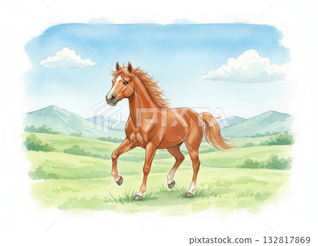 A majestic and beautiful watercolor illustration of a brown horse walking gracefully against a backdrop of green grass and mountains. 132817869