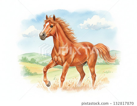 A majestic and beautiful watercolor illustration of a brown horse walking gracefully against a backdrop of green grass and mountains. 132817870
