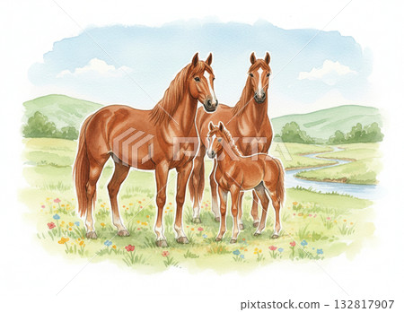 一幅溫馨柔和的插圖,描繪了一個家庭,母親和她的馬(栗色)站在有小溪的田野裡。 一幅溫馨柔和的插圖,描繪了一個家庭,母親和她的馬(栗色)站在有小溪的田野裡。 132817907