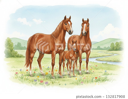 一幅溫馨柔和的插圖，描繪了一個家庭，母親和她的馬（栗色）站在有小溪的田野裡。 132817908