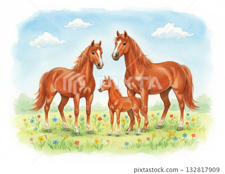 一幅溫馨柔和的插圖,描繪了一個家庭,母親和她的馬(栗色)站在有小溪的田野裡。 一幅溫馨柔和的插圖,描繪了一個家庭,母親和她的馬(栗色)站在有小溪的田野裡。 132817909