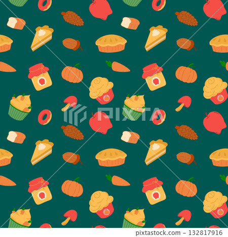 Cozy Autumn Harvest and Thanksgiving Food Seamless Pattern, Cute Fall Treats Background Design for Fabric 132817916