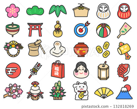 Various New Year's icon (line drawing color) illustration set Various New Year's icon (line drawing color) illustration set 132818269