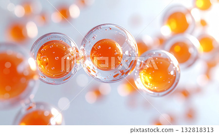 Molecular image of vitamin C beauty ingredient. Abstract background with floating orange liquid spheres. For 3D cosmetic advertising. 132818313