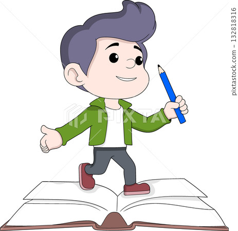 Boy Holding Pencil Standing on Big Book Education Cartoon Vector Illustration 132818316