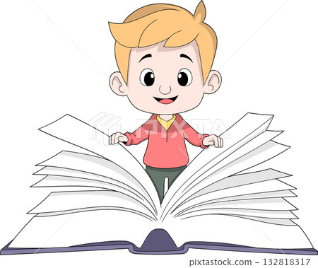 Boy Opening Big Encyclopedia Book Education Vector Illustration 132818317