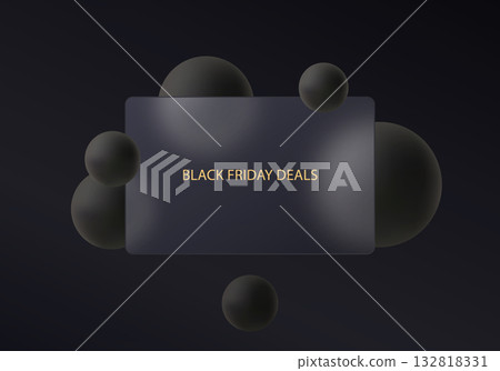 Minimalistic banner with a glossy dark panel and floating black spheres on a smooth gradient background. 132818331