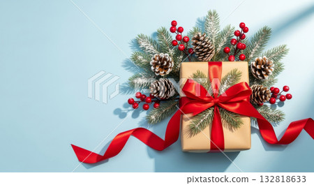 Christmas arrangement with gift box, fir branches, pine cones, and berries on a blue background. 132818633