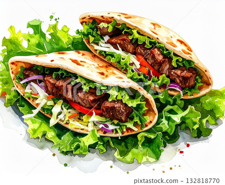 陽光下，生菜上放著一份烤肉三明治，水彩插圖。 132818770