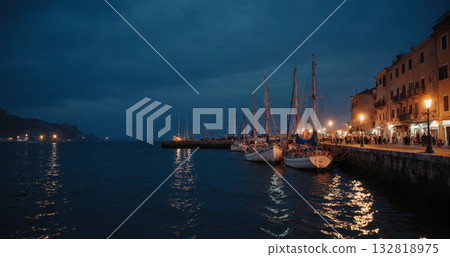 夜間漂浮在海面上的遊艇 132818975
