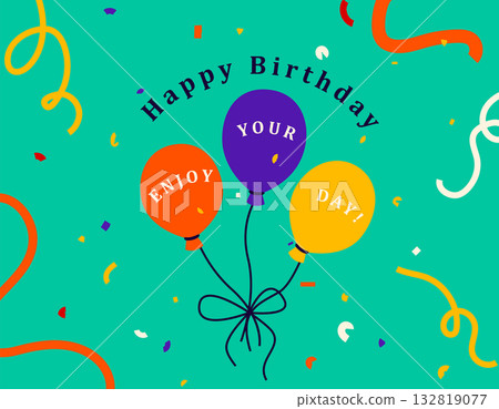 Happy birthday vector illustration. Birth greeting card, celebrate poster, banner with birthday balloon, confetti and serpentine in colorful minimalist lines 132819077