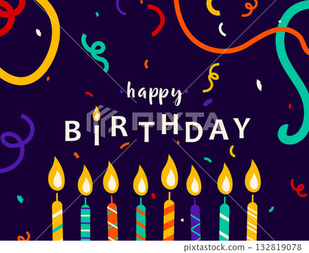 Happy birthday vector illustration. Birth greeting card, celebrate poster, banner with birthday candle, confetti and serpentine in colorful minimalist lines 132819078