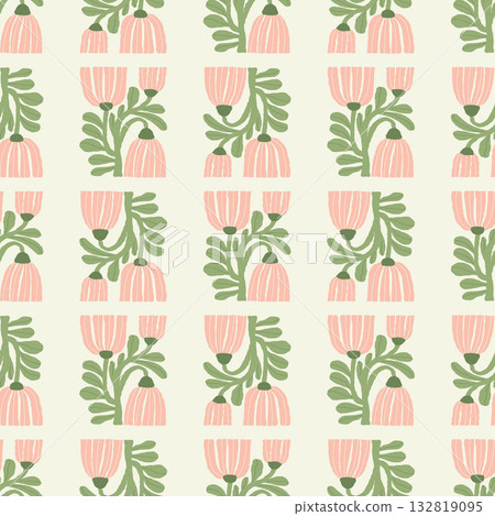 Floral Seamless Pattern. Groovy Abstract Folk Pink Flower on White Background. Organic Ornament in trendy naive retro 60s 70s. Contemporary Aesthetic hippie. Vector Illustration. Not AI Floral Seamless Pattern. Groovy Abstract Folk Pink Flower on White Background. Organic Ornament in trendy naive retro 60s 70s. Contemporary Aesthetic hippie. Vector Illustration. Not AI 132819095