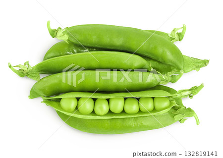 Fresh green pea pod with beans isolated on white background. Top view. Flat lay Fresh green pea pod with beans isolated on white background. Top view. Flat lay 132819141