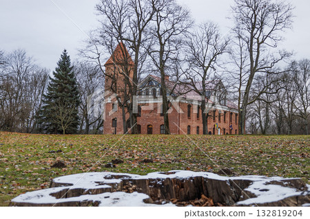 Historic red brick manor with tower in parkland, light snow and bare trees 132819204