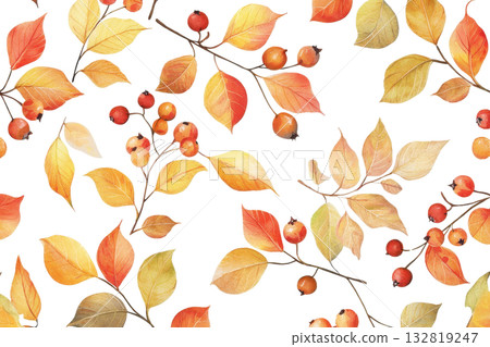 A vibrant pattern featuring autumn leaves and berries on a transparent background, embodying the beauty of fall foliage. 132819247