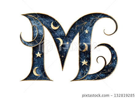 A decorative letter "M" filled with celestial designs, including stars and moons, set against a dark background. 132819285