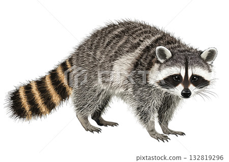 A detailed illustration of a raccoon showcasing its distinctive fur patterns and facial markings. A detailed illustration of a raccoon showcasing its distinctive fur patterns and facial markings. 132819296