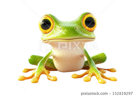 A vibrant green frog with distinctive yellow eyes and orange webbed feet, sitting confidently. 132819297