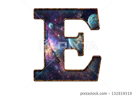 A colorful letter 'E' filled with a cosmic, starry pattern showcasing planets and galaxies. 132819319