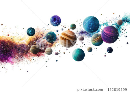 A colorful arrangement of various planets, featuring distinct textures and shades, set against a cosmic backdrop. A colorful arrangement of various planets, featuring distinct textures and shades, set against a cosmic backdrop. 132819399