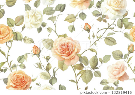 A vibrant floral pattern featuring various roses in soft colors against a dark background, creating an elegant and romantic atmosphere. 132819416