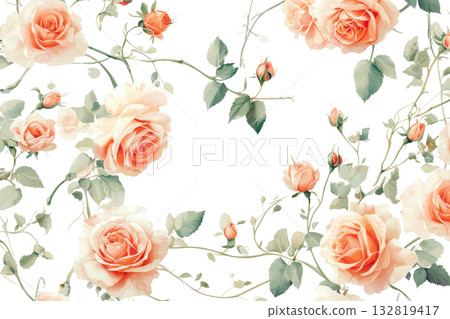 A vibrant arrangement of soft peach roses intertwined with delicate green leaves. 132819417