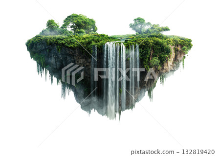 A stunning floating island features lush greenery and cascading waterfalls, creating a breathtaking natural spectacle. 132819420