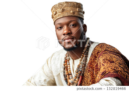 A dignified man in traditional attire adorned with beads and a crown, showcasing cultural heritage against a dark background. 132819466