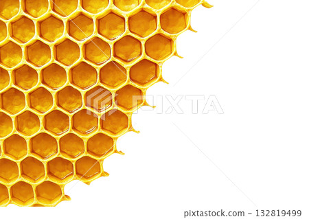 Close-up of a honeycomb structure, showcasing its hexagonal cells with a rich, golden hue against a dark background. 132819499