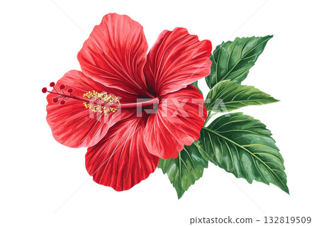 A vibrant red hibiscus flower accompanied by lush green leaves. 132819509