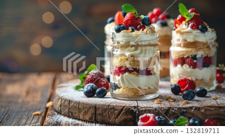 Mini tres leches cakes in glass jars topped with cream and fruit, wooden table, generated AI 132819711