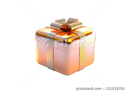 A beautifully wrapped gift box adorned with golden ribbons and a shiny bow, emphasizing a festive and elegant appearance. 132819762