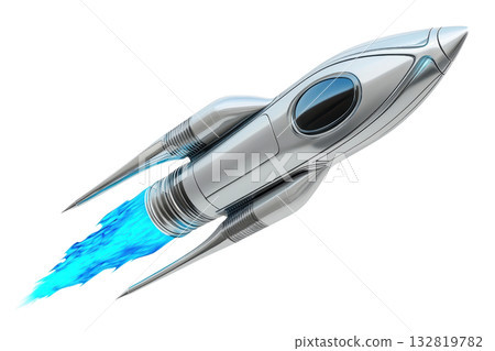 A sleek, modern rocket ship with blue exhaust flames, designed for futuristic space travel. 132819782