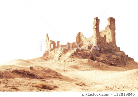 A weathered ruin stands amidst a barren landscape, showcasing remnants of ancient architecture against a stark transparent background. 132819840