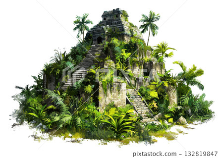 An ancient pyramid structure surrounded by lush tropical vegetation and towering palm trees. 132819847