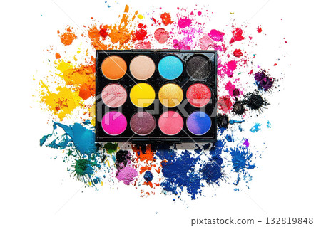 A vibrant palette of twelve colorful eyeshadows arranged neatly on a base with splashes of paint in various hues surrounding it. A vibrant palette of twelve colorful eyeshadows arranged neatly on a base with splashes of paint in various hues surrounding it. 132819848