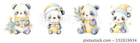 watercolor illustration of a panda in a winter hat watercolor illustration of a panda in a winter hat 132819934