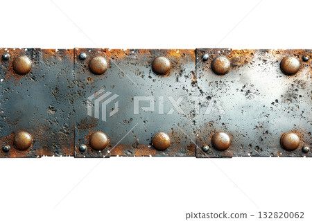 A metal plate featuring visible rust and rivets, showcasing a weathered, industrial design. 132820062