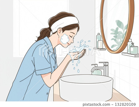 女人在浴室洗臉 132820109
