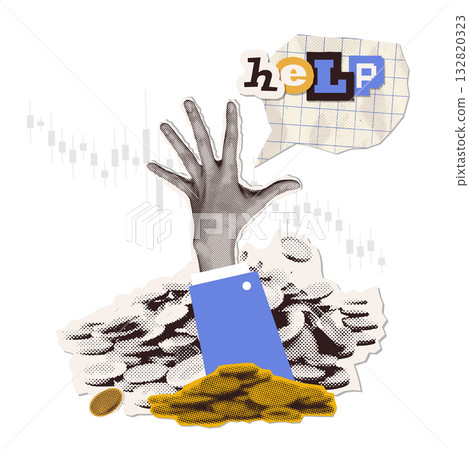 Halftone collage. Concept of business problems, a request for help, a helping hand, the idea of overcoming difficulties in a crisis. Businessman hand pulls coins from a pile and calls for help. Vector 132820323